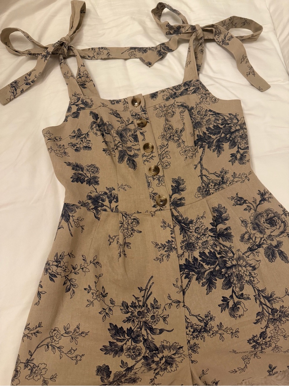 Gal Meets Glam Beige Jumpsuit with Navy Floral Print